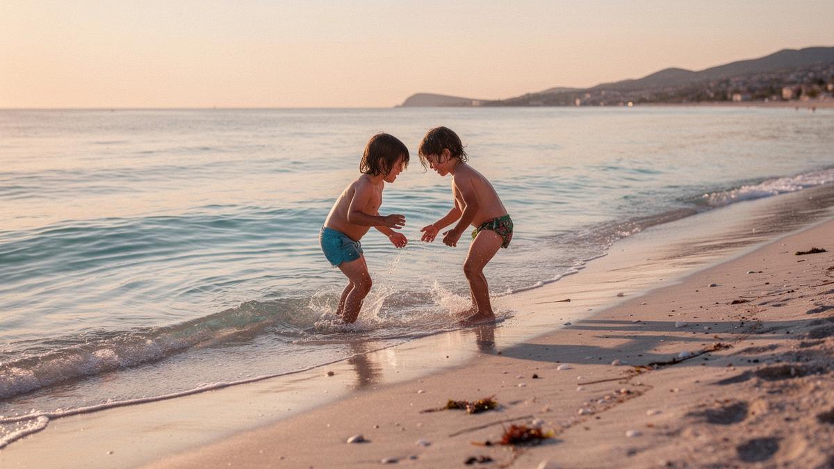Two children playing in shallow turquoise water on a calm family beach